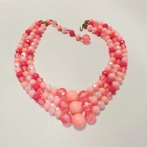 VINTAGE 3 STRAND PINK BEAD NECKLACE GRADUATED BEAD
